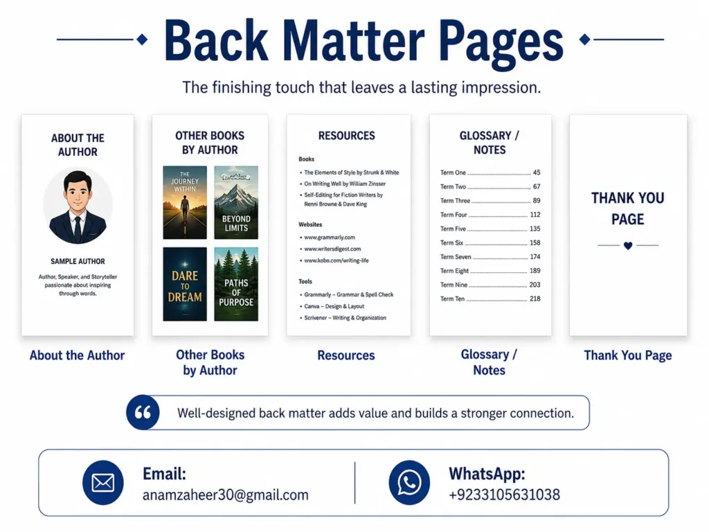 back matter pages book formatting author sections Back matter pages in book formatting including author bio, resources, glossary, and thank you page for Lulu books.