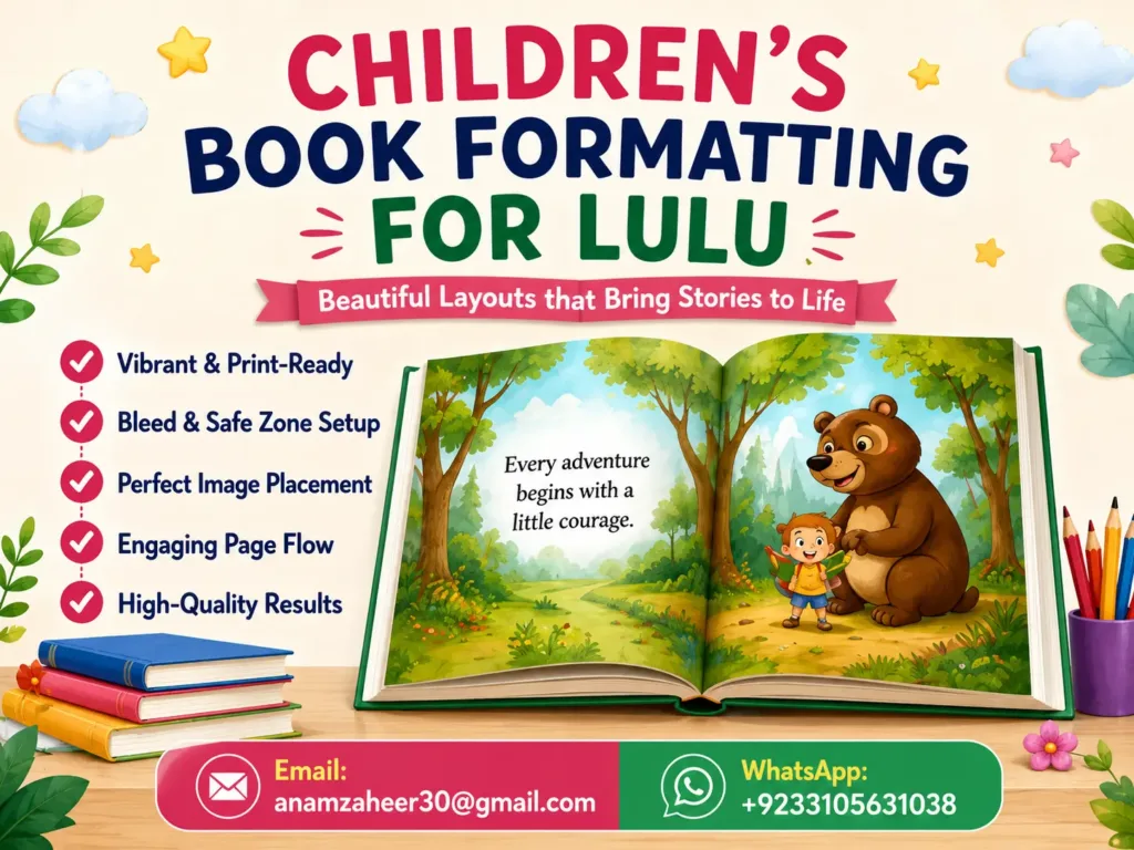 childrens book formatting for lulu illustrated layout Children’s book formatting for Lulu with illustrated pages, colorful design, and print-ready storytelling layout.