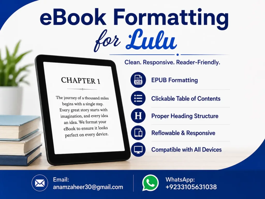 ebook formatting for lulu epub responsive design Ebook formatting for Lulu EPUB with clickable table of contents, responsive layout, and device compatibility.