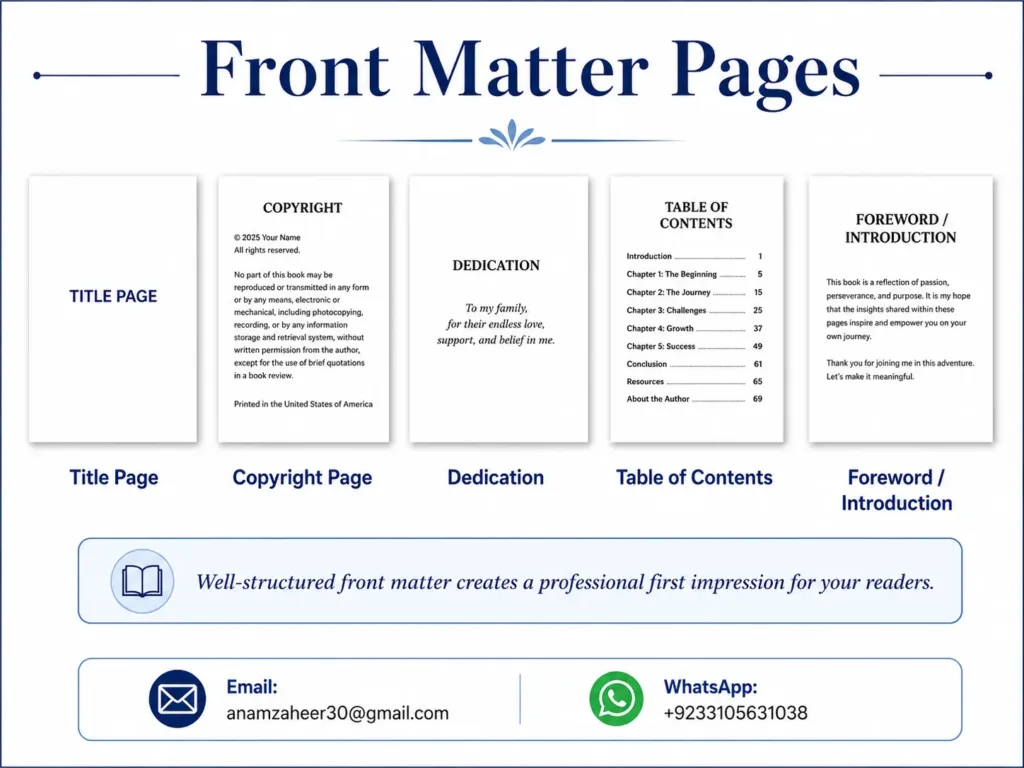 front matter pages lulu book formatting guide Front matter pages for Lulu books including title page, copyright page, dedication, and table of contents formatting.