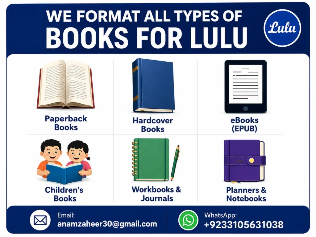 lulu book formatting services all book types Lulu book formatting services for paperback, hardcover, ebooks, children’s books, journals, and planners.